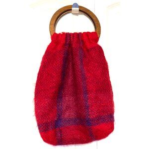 Handwoven Suzanne Schwartz Red & Purple Plaid Wool Tote Bag With Wooden Handles
